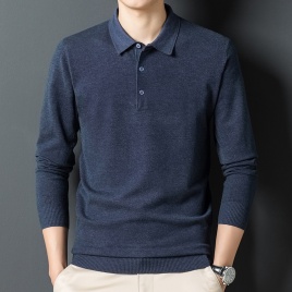 new2217Осенняя мужская мода повседневная однотонная лацканная классическая базовая вязаная футболка с длинными рукавами свитер