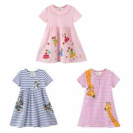 Jumping Meters Летние хлопковые платья принцессы с птицами и аппликацией для девочек, костюм в полоску для малышей, хит продаж, детское платье
