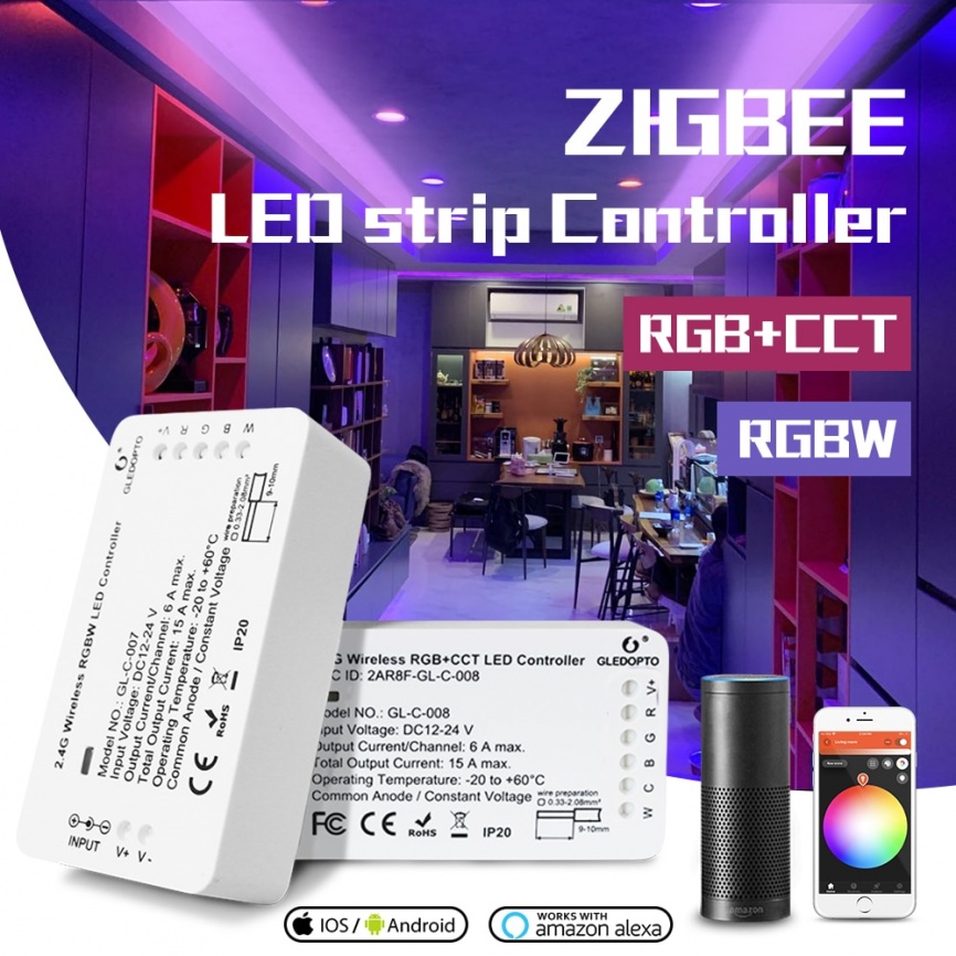 GLEDOPTO DC12-24V RGB+CCT/rgbw Контроллер Zigbee Smart LED Strip Голосовое управление Работа с Echo Plus SmartThings ZIGBEE 3.0 HUB фото 1