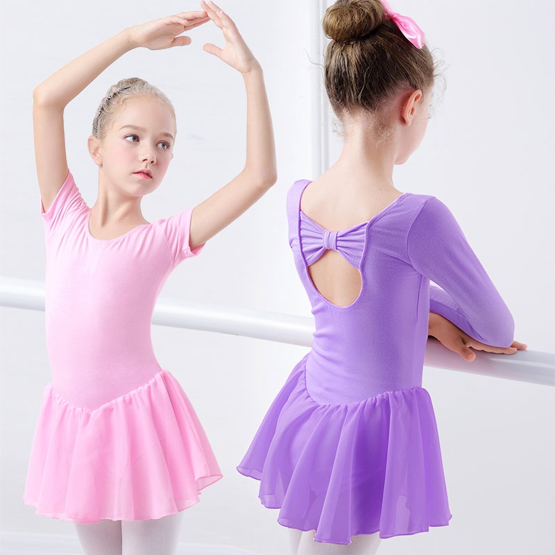 Балетное платье, гимнастическое трико для девочек, детская балетная танцевальная одежда с короткими рукавами, шифоновые юбки, детские танцевальные трико с бантом фото 1
