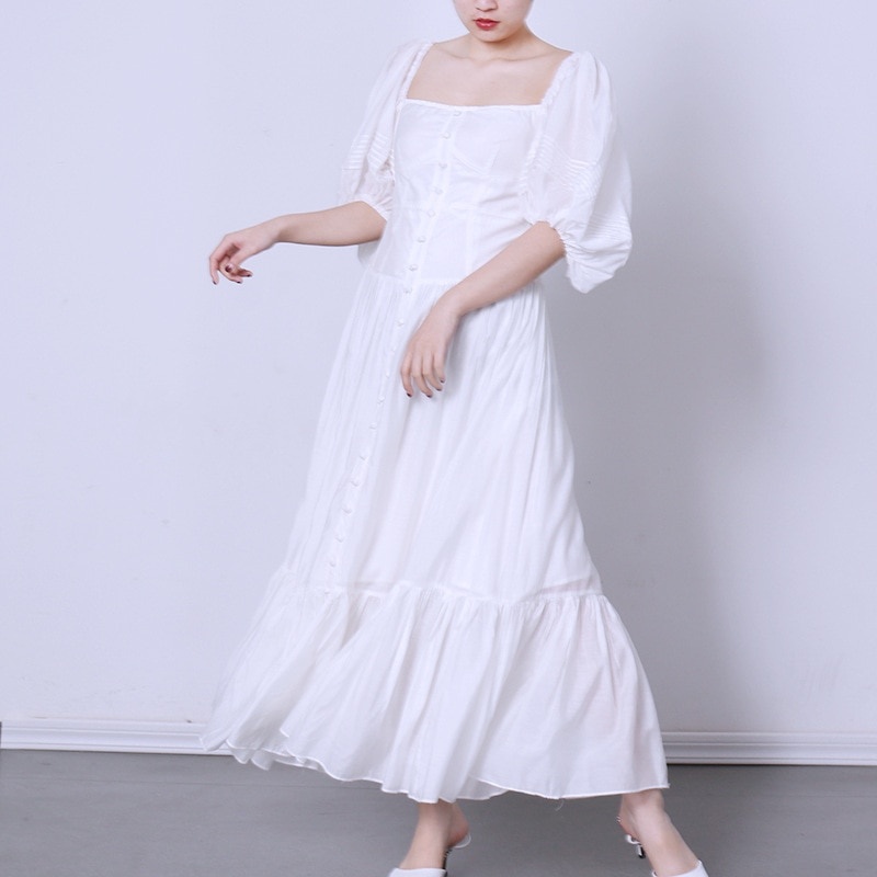 2020 Новое летнее новое модное однобортное праздничное платье с квадратным вырезом и рукавами-фонариками фото 1