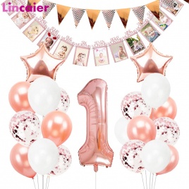 Воздушные шары из розового золота, украшения для первого дня рождения для маленьких мальчиков и девочек, мой 1 год, 1st, баннеры с днем ​​рождения, поставки