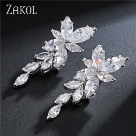 ZAKOL Marquise Cut Cluster Flower Zirconia Crystal Длинные Висячие Серьги Блестящие Листья Свадебные Украшения для Женщин FSEP167