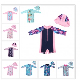 Пляжная одежда для девочек Wishere, детские купальники, купальные костюмы с цветочным принтом, цельный купальник со шляпой