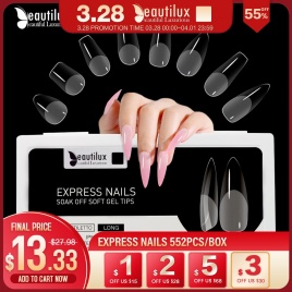 Beautilux Express Nails, 552 шт./кор., овальные шпильки, миндаль, квадратный гроб, французские накладные накладные гелевые кончики для ногтей, американская капсула
