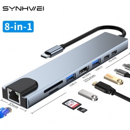 8 в 1 USB 3.0 концентратор для ноутбука адаптер ПК компьютер PD зарядка 8 портов док-станция RJ45 HDMI TF/SD карта ноутбук Type-C сплиттер