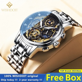 WISHDOIT оригинальные часы для мужчин водонепроницаемые кварцевые часы из нержавеющей стали аналоговые модные деловые наручные часы Sun Moon Star лучший бренд