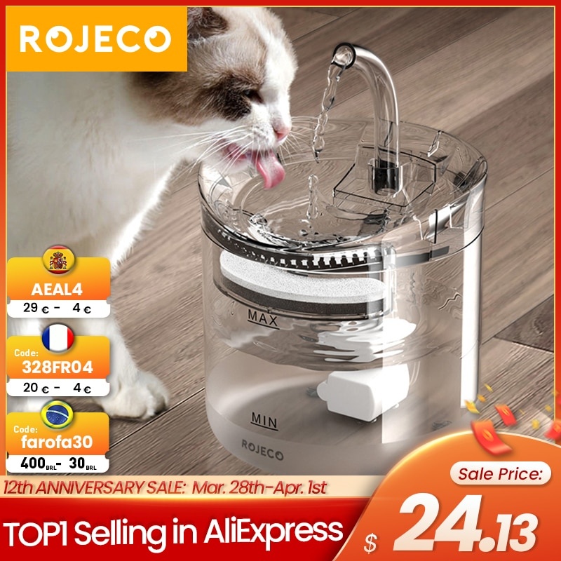 ROJECO 2L фильтр для фонтана для кошек, автоматический датчик, поилка для кошек, кормушка для домашних животных, диспенсер для воды, автоматический питьевой фонтанчик для кошек фото 1