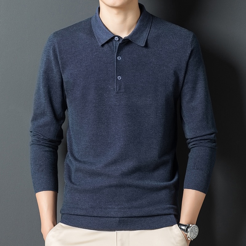 new2217Осенняя мужская мода повседневная однотонная лацканная классическая базовая вязаная футболка с длинными рукавами свитер фото 1