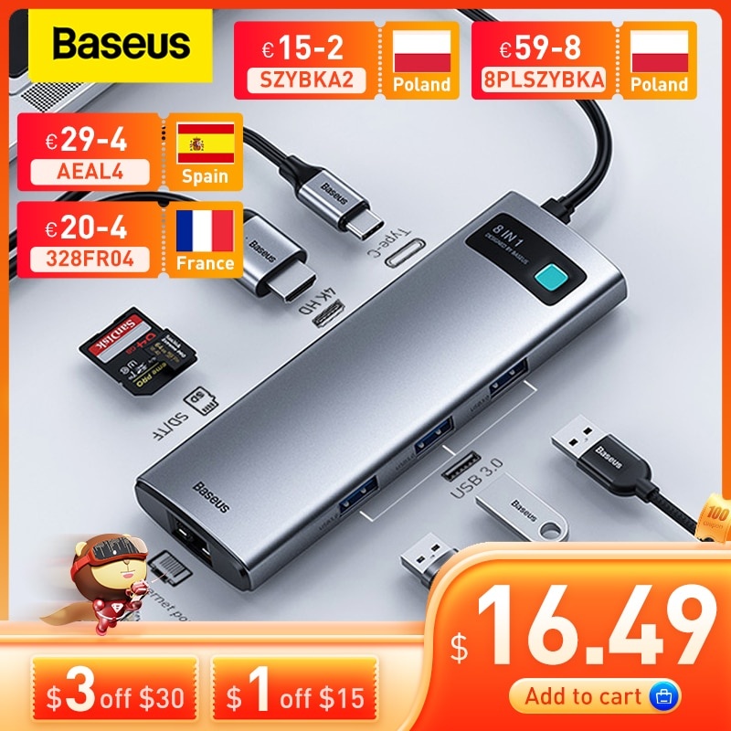 Baseus USB C HUB Type C to HDMI-совместимый адаптер USB 3.0 8 в 1 Type C HUB Dock для MacBook Pro Air USB C Splitter фото 1