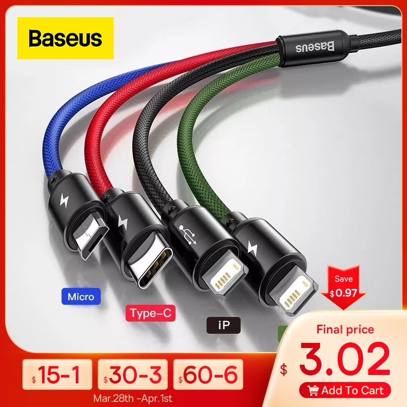 USB-кабель Baseus 3 в 1, кабель типа C для Samsung S20, кабель Xiaomi Mi 9 для iPhone 12 X 11 Pro Max, зарядное устройство Huawei, кабель Micro USB фото 1