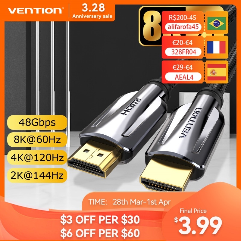 Кабель Vention HDMI 2.1 8K/60 Гц 4K/120 Гц 48 Гбит/с Цифровые кабели HDMI Кабельный разветвитель HDMI 2.1 для HDR10+ PS5 Кабель-переключатель HDMI 2.1 фото 1