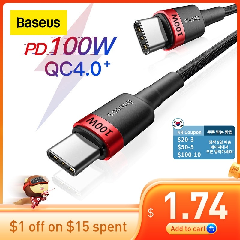Кабель Baseus USB C к USB Type C для MacBook Pro Quick Charge 4.0/3.0 100 Вт PD Быстрая зарядка для Samsung Xiaomi mi Зарядный кабель фото 1