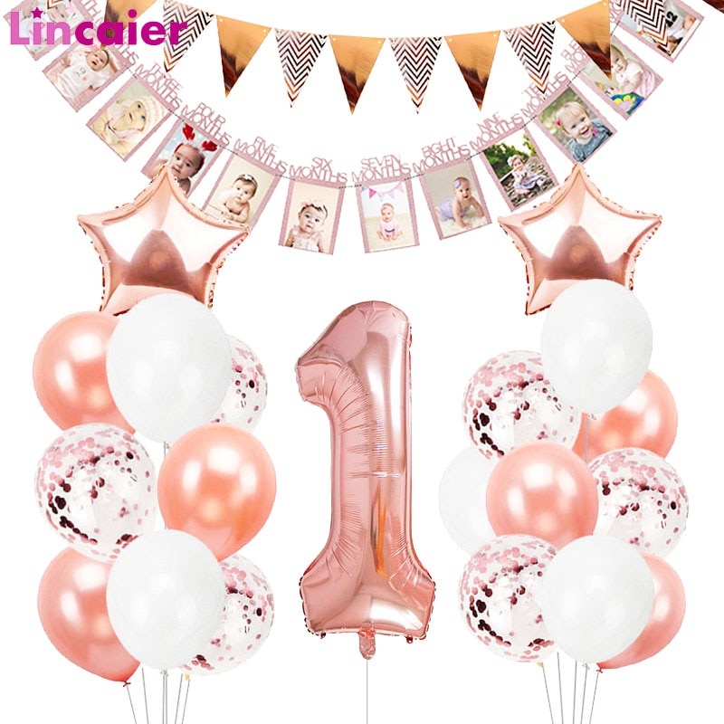 Воздушные шары из розового золота, украшения для первого дня рождения для маленьких мальчиков и девочек, мой 1 год, 1st, баннеры с днем ​​рождения, поставки фото 1