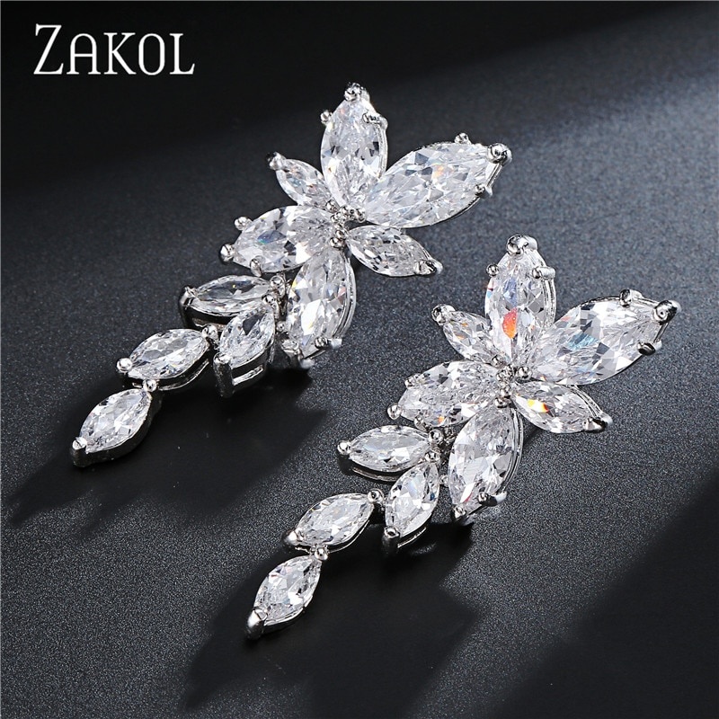 ZAKOL Marquise Cut Cluster Flower Zirconia Crystal Длинные Висячие Серьги Блестящие Листья Свадебные Украшения для Женщин FSEP167 фото 1