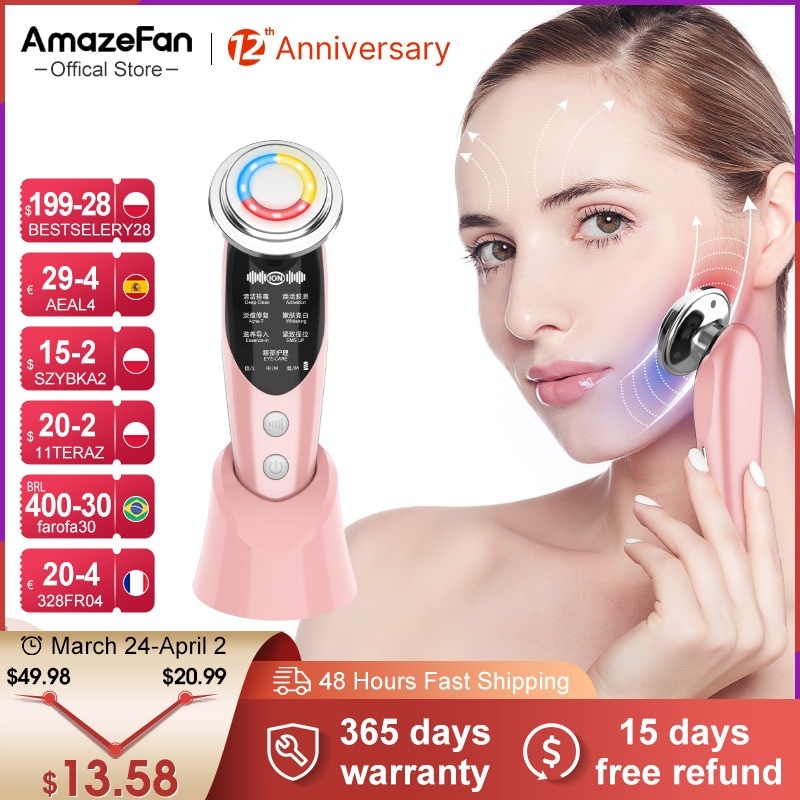 AmazeFan 7in1 Массажер для лица RF Микротоковая мезотерапия Электропорация LED Средство для омоложения кожи Подтяжка морщин Красота фото 1