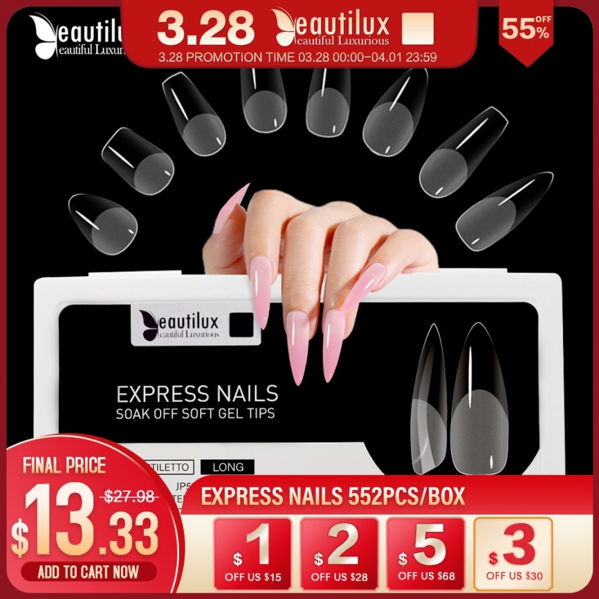 Beautilux Express Nails, 552 шт./кор., овальные шпильки, миндаль, квадратный гроб, французские накладные накладные гелевые кончики для ногтей, американская капсула фото 1