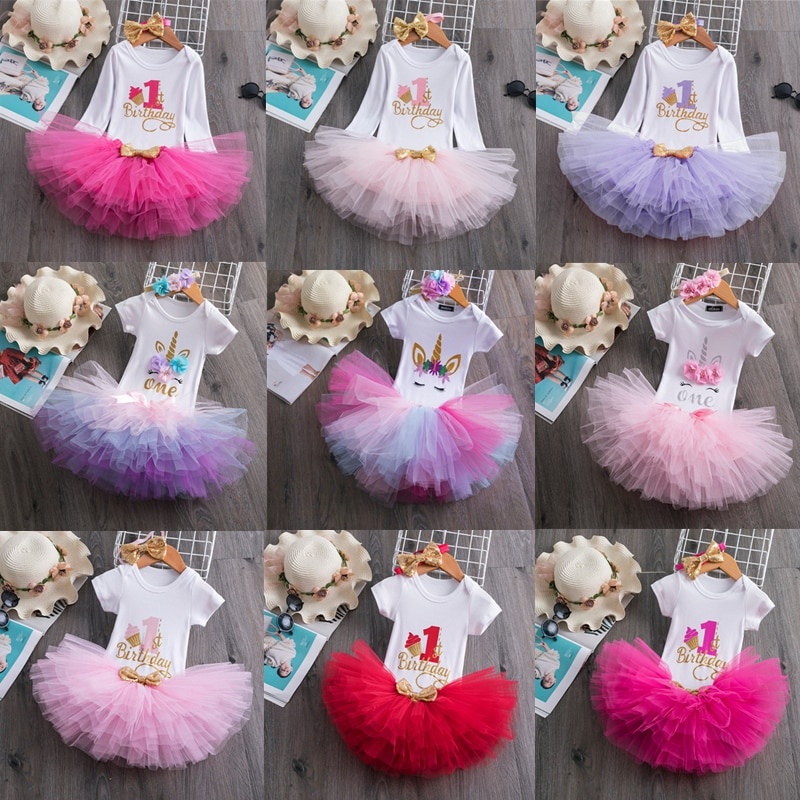 Платье для первого дня рождения для маленьких девочек, одежда с надписью One Printing Baby 1 Year Birthday Party Dress Unicorn Toddler Baby Girls Dress фото 1
