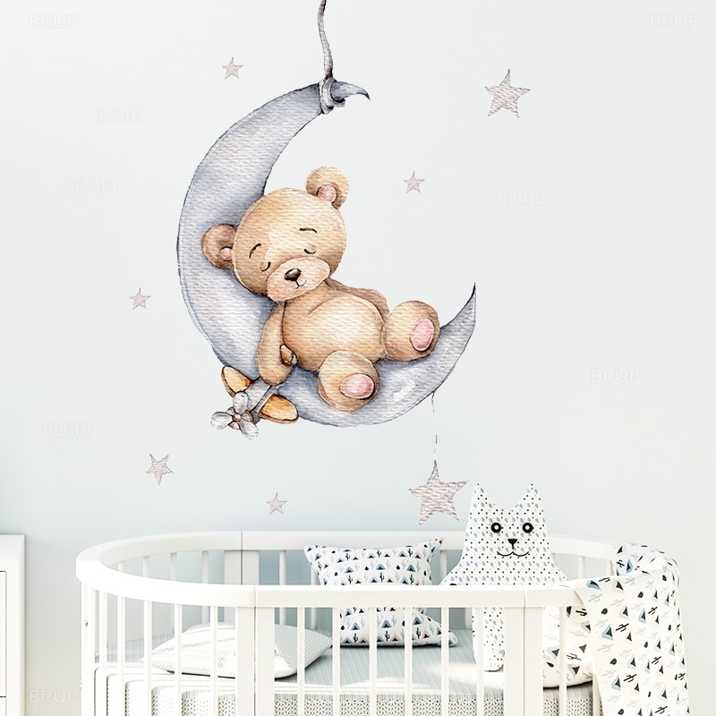 Мультяшный плюшевый мишка, спящий на Луне и звезды, наклейки на стену для детской комнаты, украшение для детской комнаты, наклейки на стены, интерьер комнаты фото 1