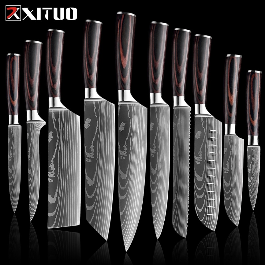 XITUO нож шеф-повара 1-10 шт. набор кухонных ножей лазерный дамасский узор острый японский нож сантоку Кливер нарезка универсальный нож фото 1
