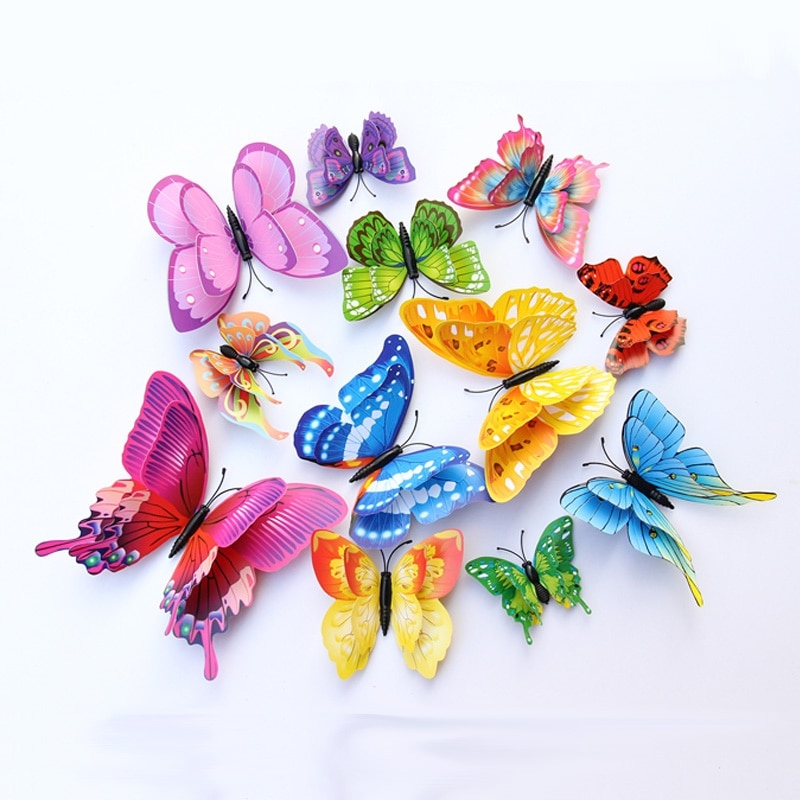 12 шт., разноцветные двухслойные бабочки, 3D наклейки на стену для свадебного украшения, магнитные бабочки, наклейки на холодильник, домашний декор фото 1