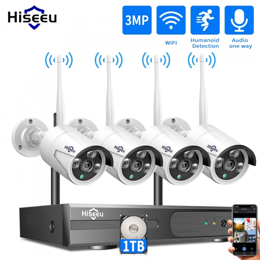 Hiseeu 8CH Беспроводная система видеонаблюдения 1536P 1080P NVR Wi-Fi Наружная 3MP AI IP-камера Система безопасности Видеонаблюдение ЖК-монитор Комплект фото 1