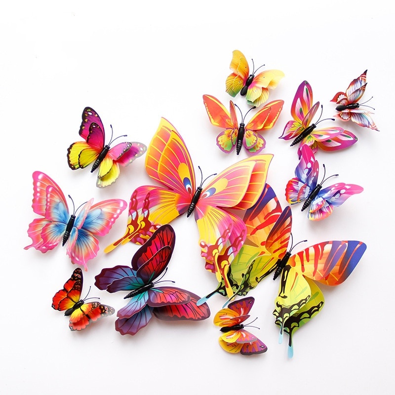Новый стиль, 12 шт., двухслойная 3D бабочка, наклейка на стену, домашний декор, бабочки для украшения, магнит, наклейки на холодильник фото 1